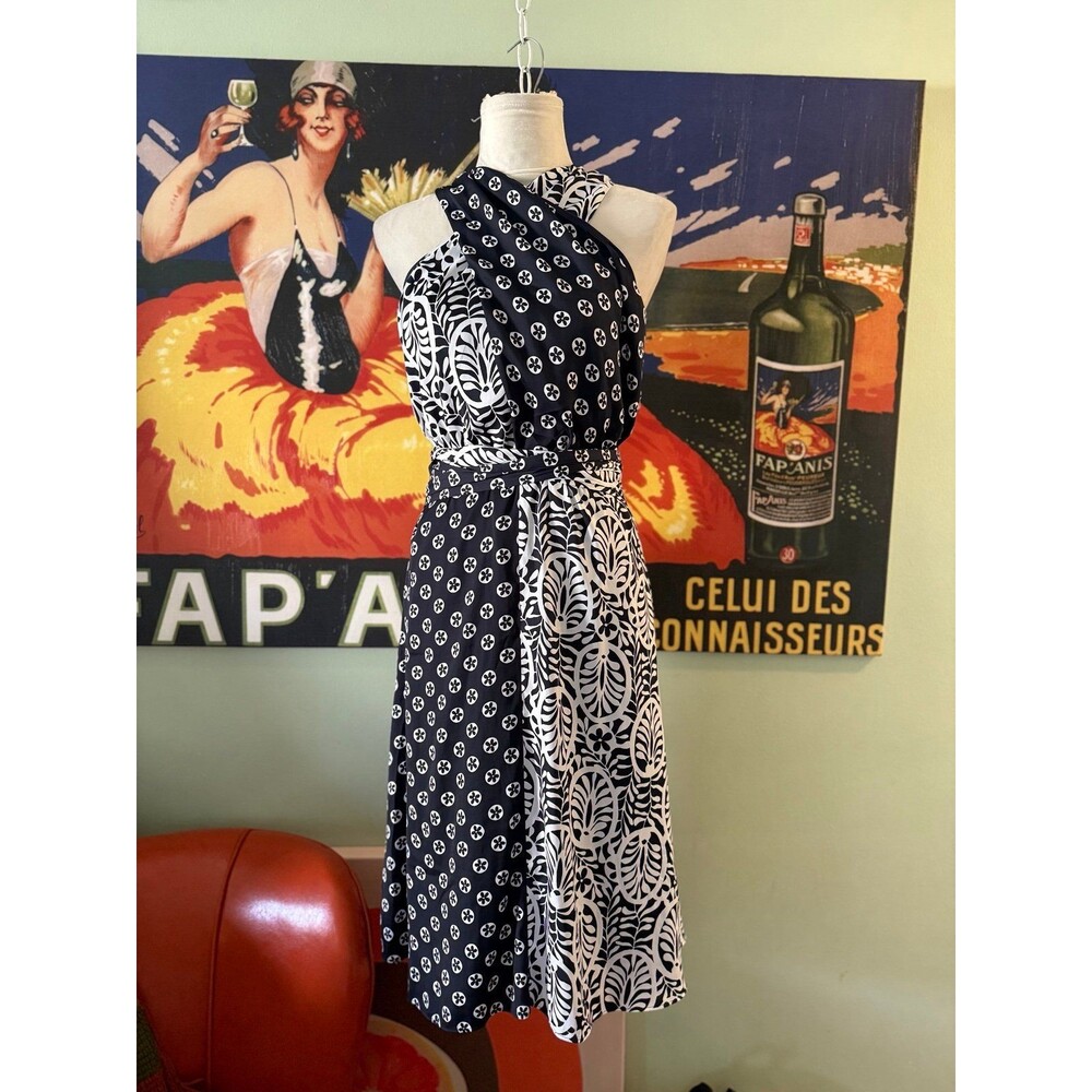 Black & White Halter Midi Dress with Mixed Prints